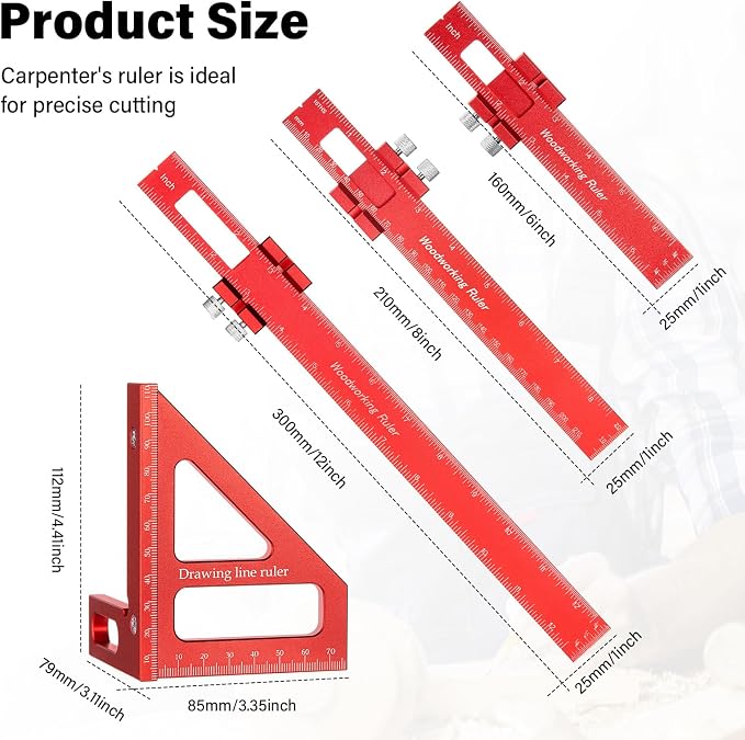 4 Pcs Woodworking Ruler, Metal Precision Pocket Rulers 12, 6 Inch
