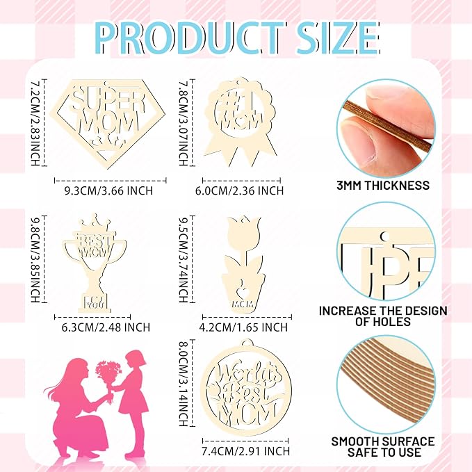Mom Gift 40Pcs 5 Style Unfinished Wooden Mother's Day Ornaments DIY Craft
