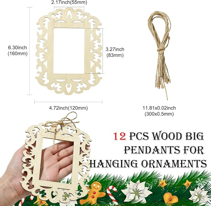 12 pcs Rectangle Theme Unfinished Wooden Photo Frames Floral Laser Cut Wood