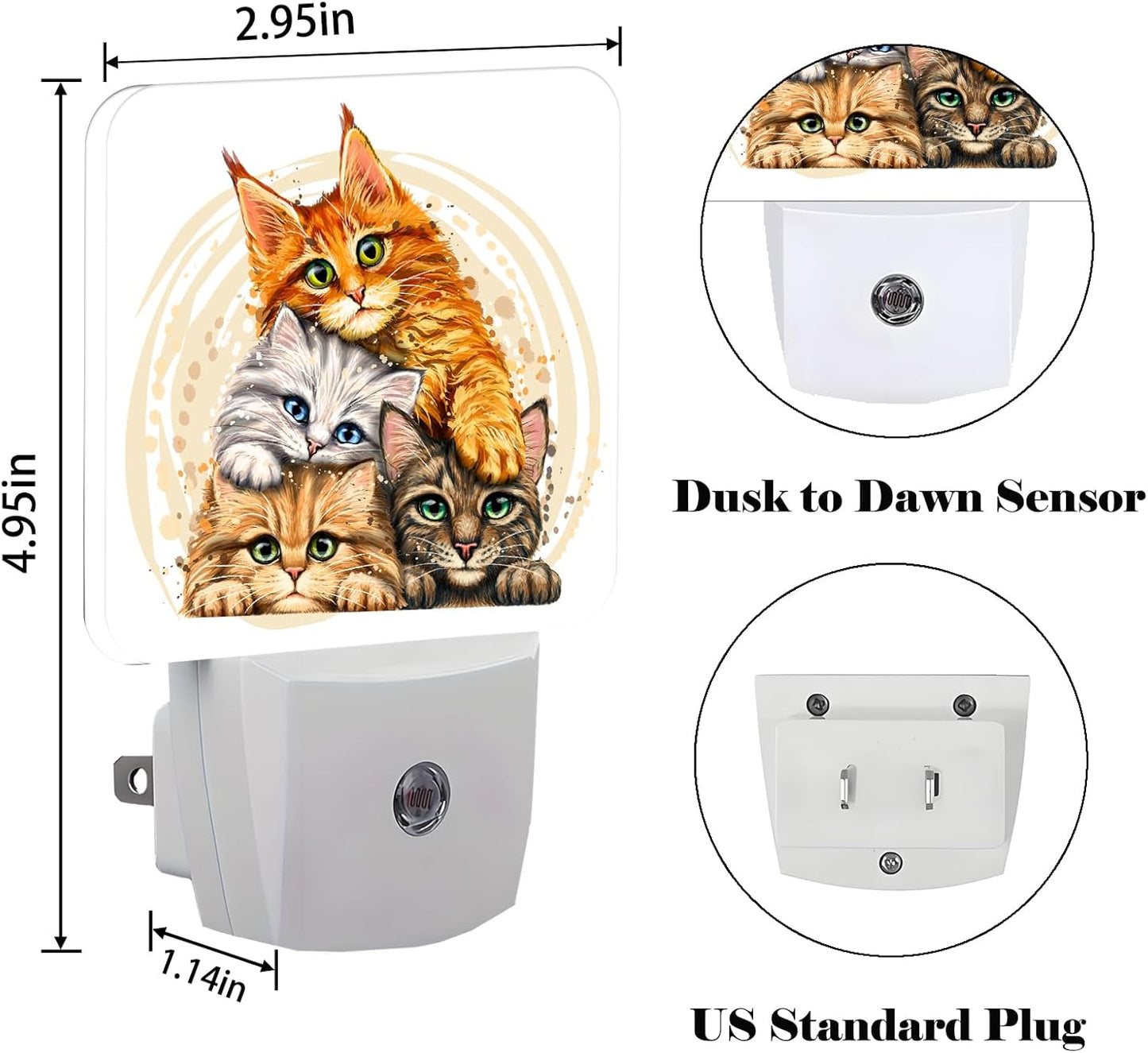 Colorful Cats Night Light,Plug-in Night Lights with Dusk to Dawn Sensor for Stairway,Hallway,Bedroom Sleep Friendly Ideal for Women/Girls/Boys Gift,0.5w