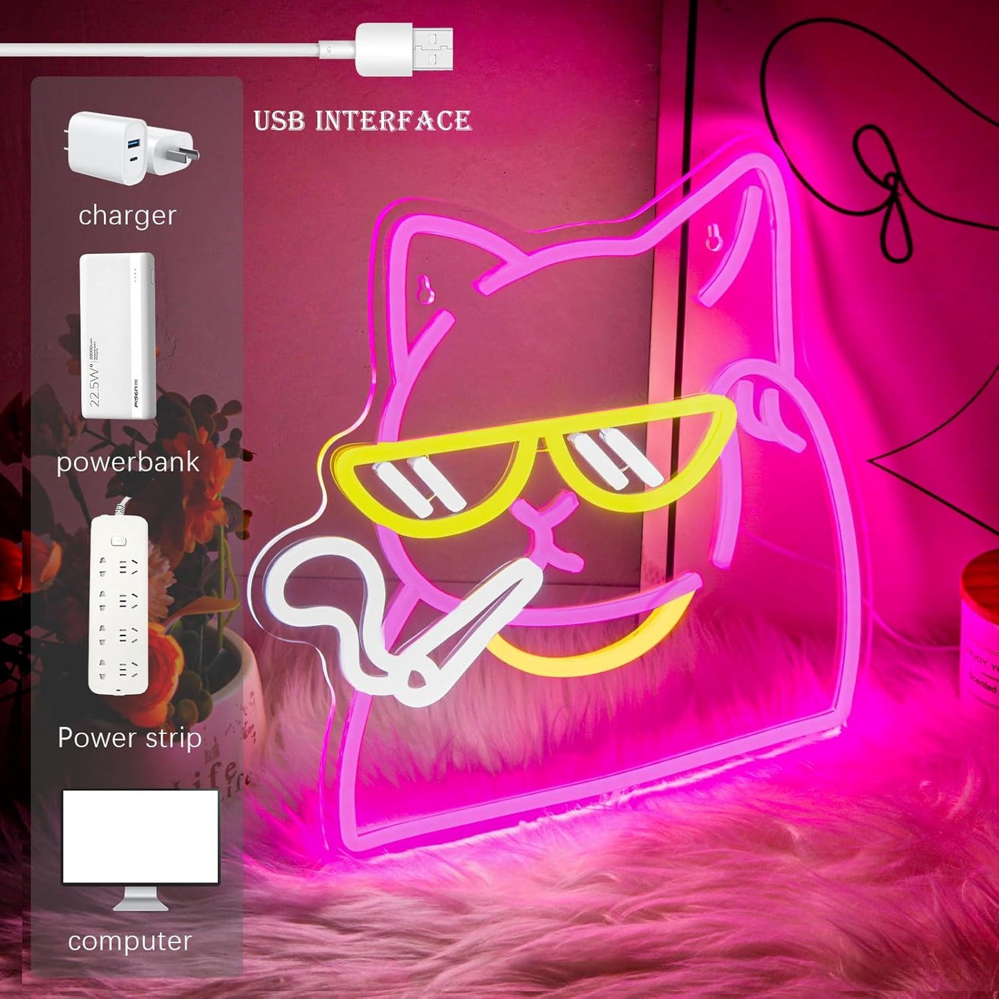 Cat Neon Sign for Wall Decor, Dimmable Smoking Cat Wall Light, Neon Cat Night Light for Man Cave, Bedroom, Gamer Room, Party, Bar Decor, Animal Lover Gifts, USB Powered LED Strip Lights