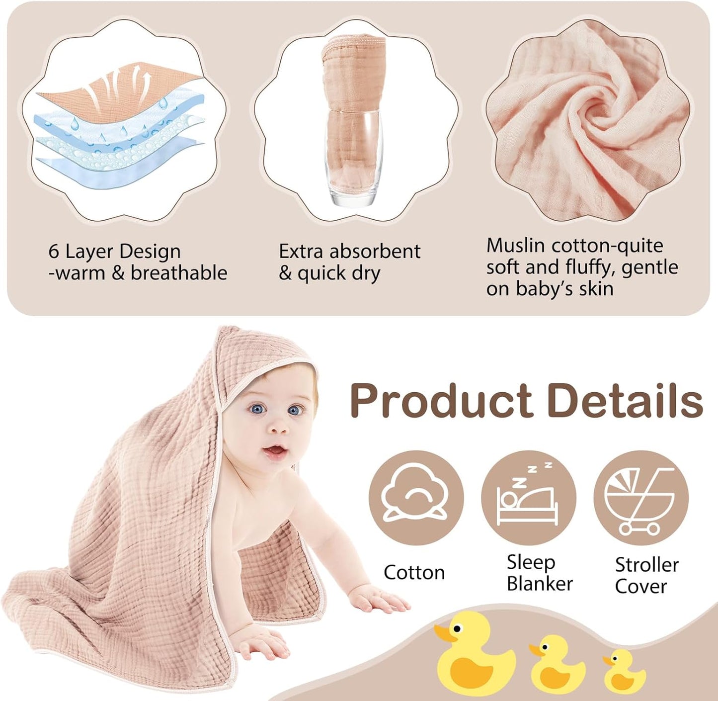 Peryiter 4 Pcs Muslin Hooded Baby Towels, 32"x 32" Cotton Newborn Bath Towel Muslin Infant Baby Blankets Absorbent Unisex Christmas Registry Gift Essentials for Girls Boys (Coffee)