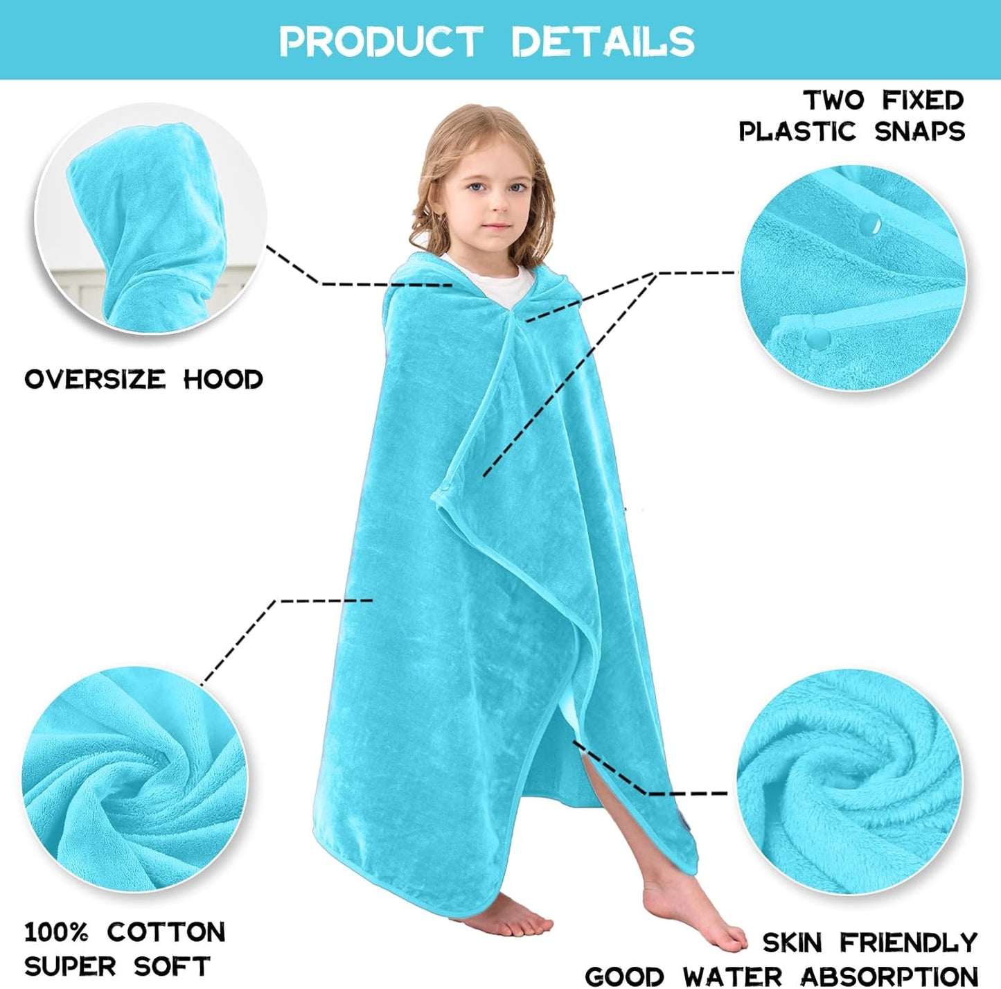 Hiturbo Kids Hooded Bath Towel: 100% Cotton Soft Thick Absorbent Towels Wrap - 50"x30" Shower Beach Pool Wearable Blanket for 3-12 Yrs Boys Girls - Blue