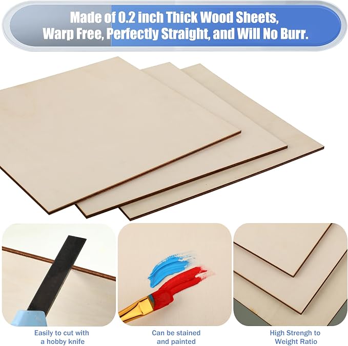 16 Pack Basswood Plywood Sheets 12 x 12 x 1/5 Inch-5 mm Thick Basswood Plywood