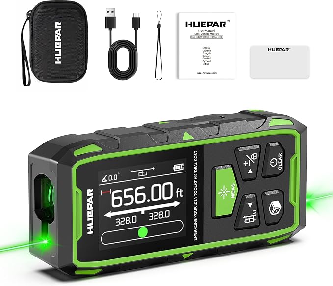 Huepar Dual Laser Measuring Tool, 656Ft Green-Beam Bilateral Digital Laser