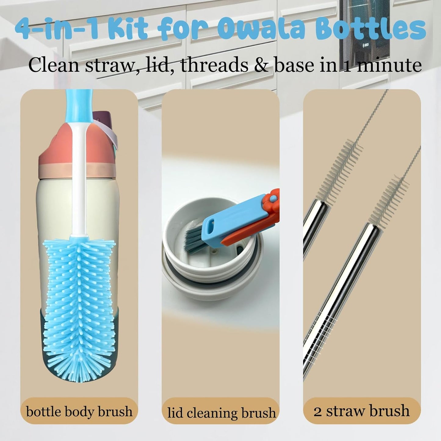 4 Pack Water Bottle Cleaning Kit Straw Cleaner Bottle Brush Cleaner for Owala FreeSip 24oz/32oz/40oz, Silicone Long Brush for Owala, Sport Bottles, Water Bottles, Coffee Mugs