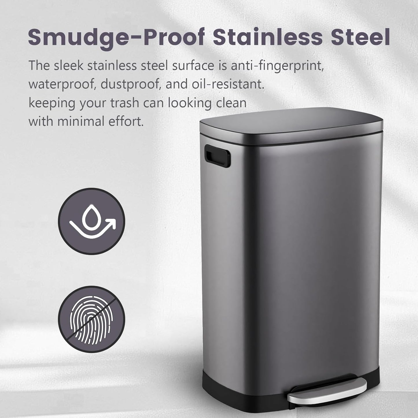 ELPHECO Kitchen Trash Can with Lid Soft Close, 13 Gallon / 50L Stainless Steel Pedal Garbage Can, Heavy-Duty Step Wastebasket with 20 Bags, Removable Bucket, Home Office, Titanium Black