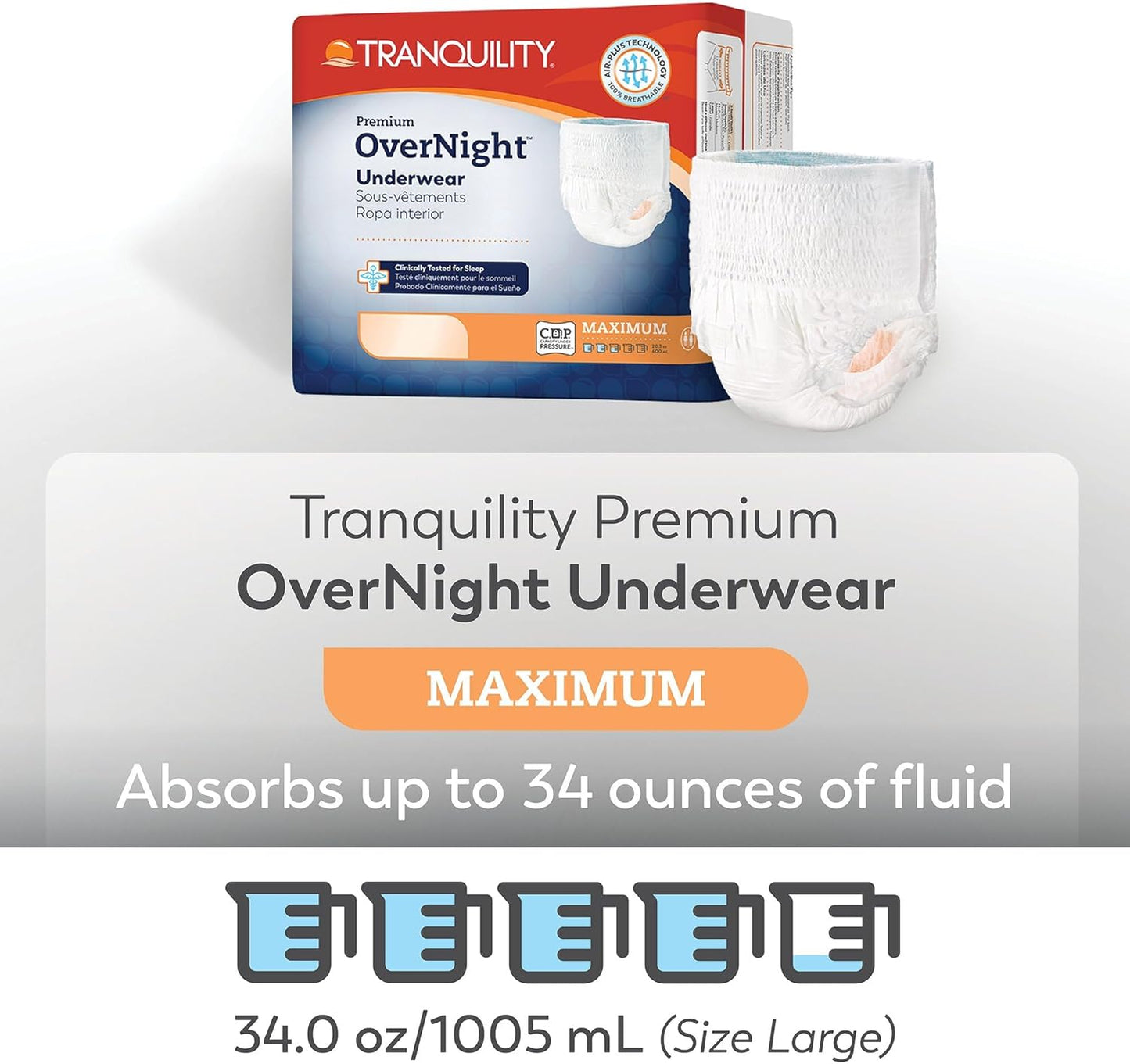 Tranquility Premium Overnight Disposable Absorbent Underwear (14 Count) - XL, 48-66 in. Waist - Maximum Absorbency, All-Night Sleep, Breathable Comfort, Adult Diapers