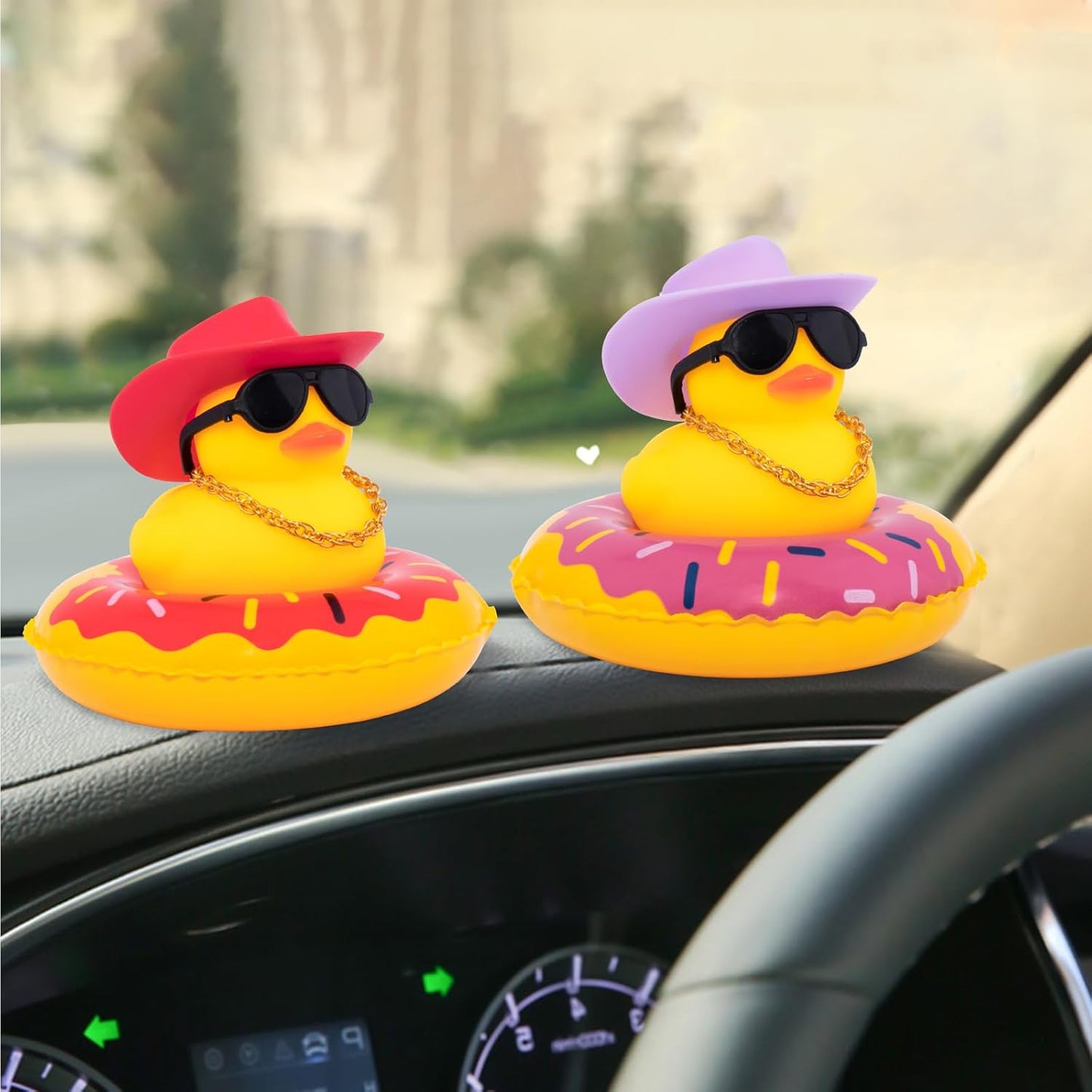 wonuu Car Rubber Duck, Yellow Duck Decoration Dashboard with Sun Hat Swim Ring Necklace Sunglasses for Car Dashboard Decorations, Purple Cowboy Hat-Purple Donut
