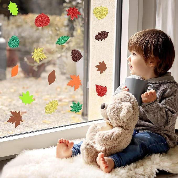 600Pcs Glitter Fall Leaf Foam Sticker Self Adhesive Maple Leaves | Autumn