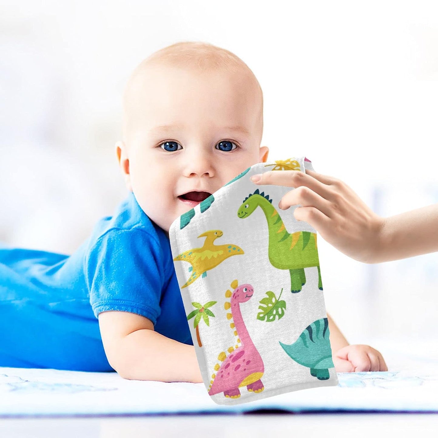 Cartoon Dinosaur Baby Muslin Washcloths Cute Burp Cloths Soft Absorbent Baby Wash Cloth Fingertip Face Towels for Newborn Boys Girls 12 x 12 in, 5 Pack