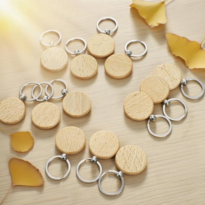 WRINGKIT 50 Pieces Wood Keychain Blanks, Unfinished Wood Key Chain Crafts