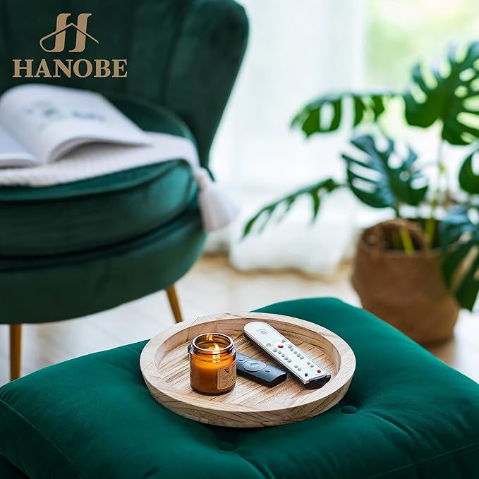 Hanobe Wooden Decortaive Coffee Table Tray, Round Candle Holder Centerpiece |