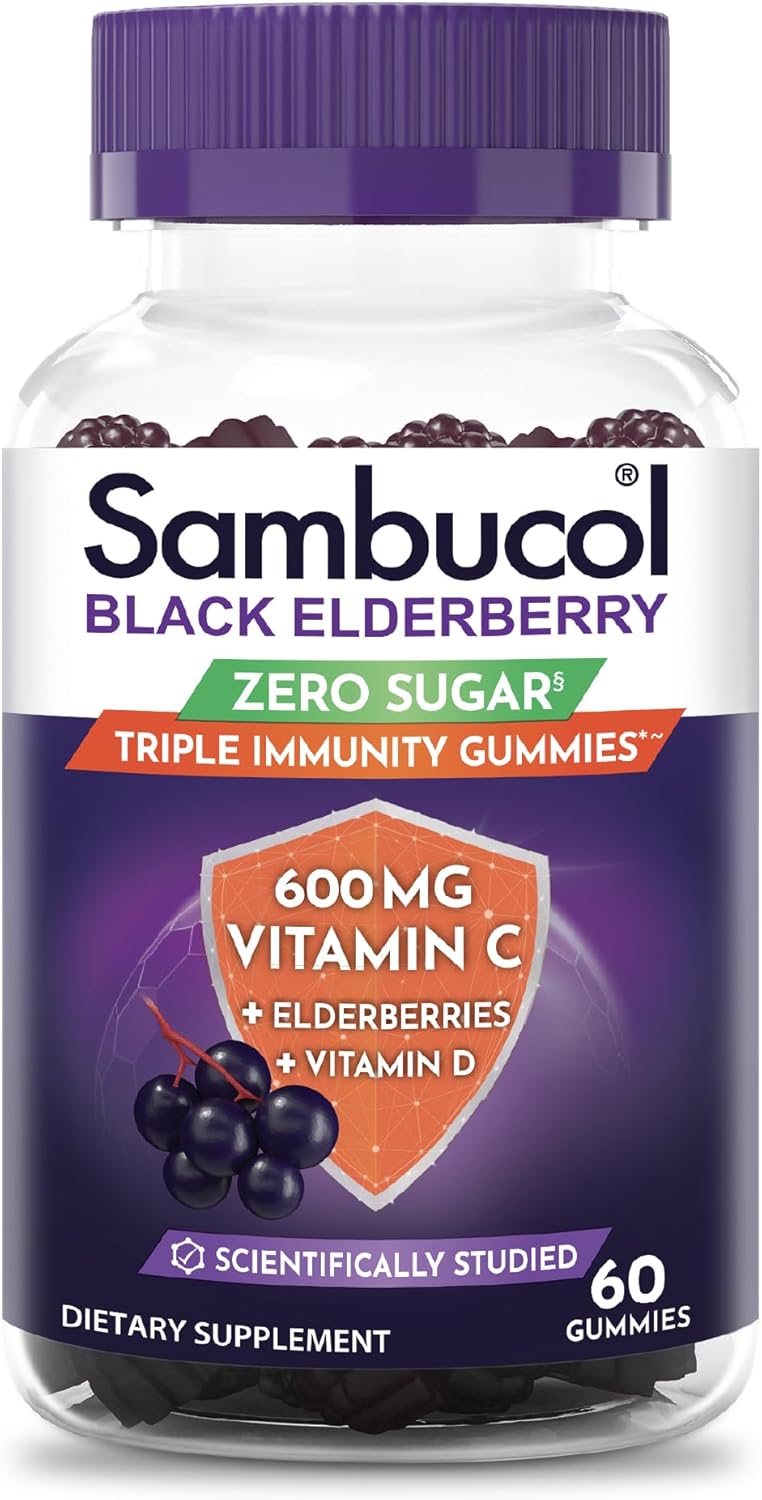 Sambucol Black Elderberry Zero Sugar Triple Immunity Gummies - Black Elderberry Vitamin C Immune Support Supplement, Gummy with Vitamin D for Adults and Kids - 60 Gummies (Pack of 1)