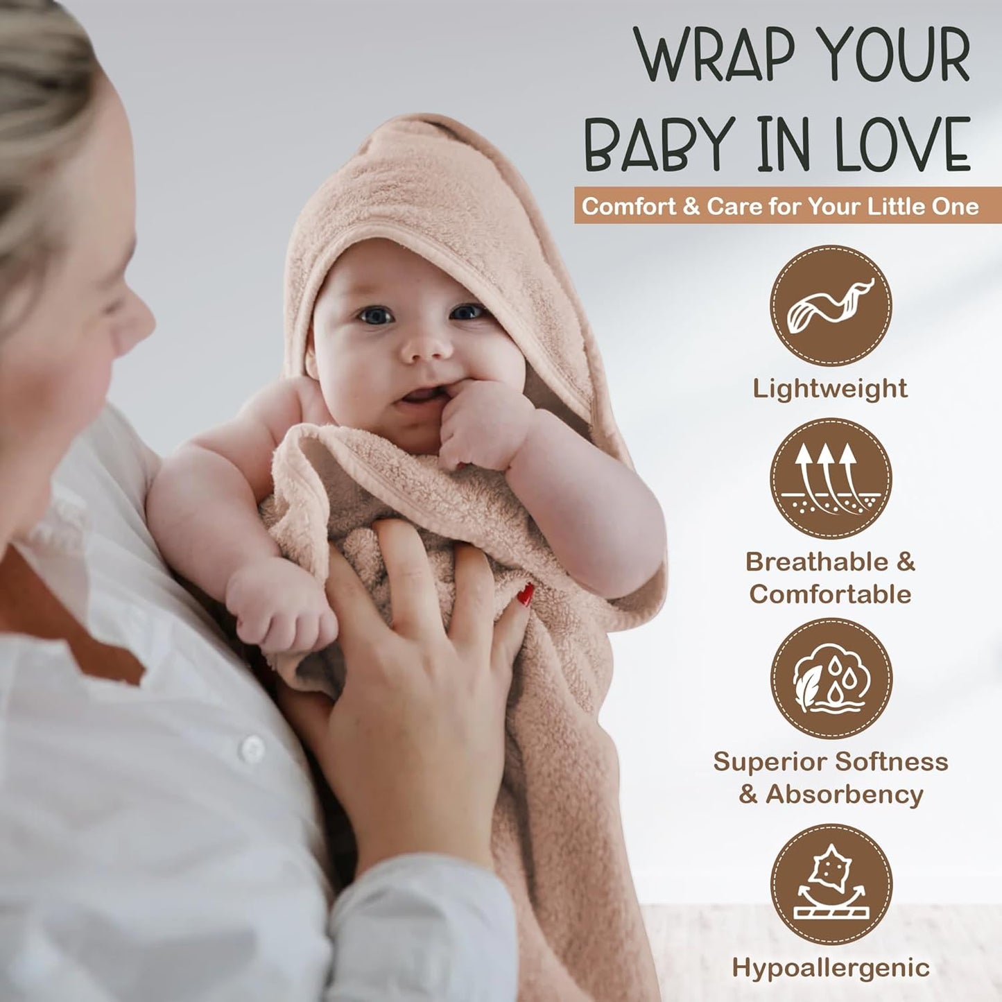 Organic Cotton Plush Woven Hooded Baby Towels, 31x31 Inches, Plush Bath Towels with Hood for Newborns and Kids, Girls & Boys (Blush, 31.4" L x 31.4" W)