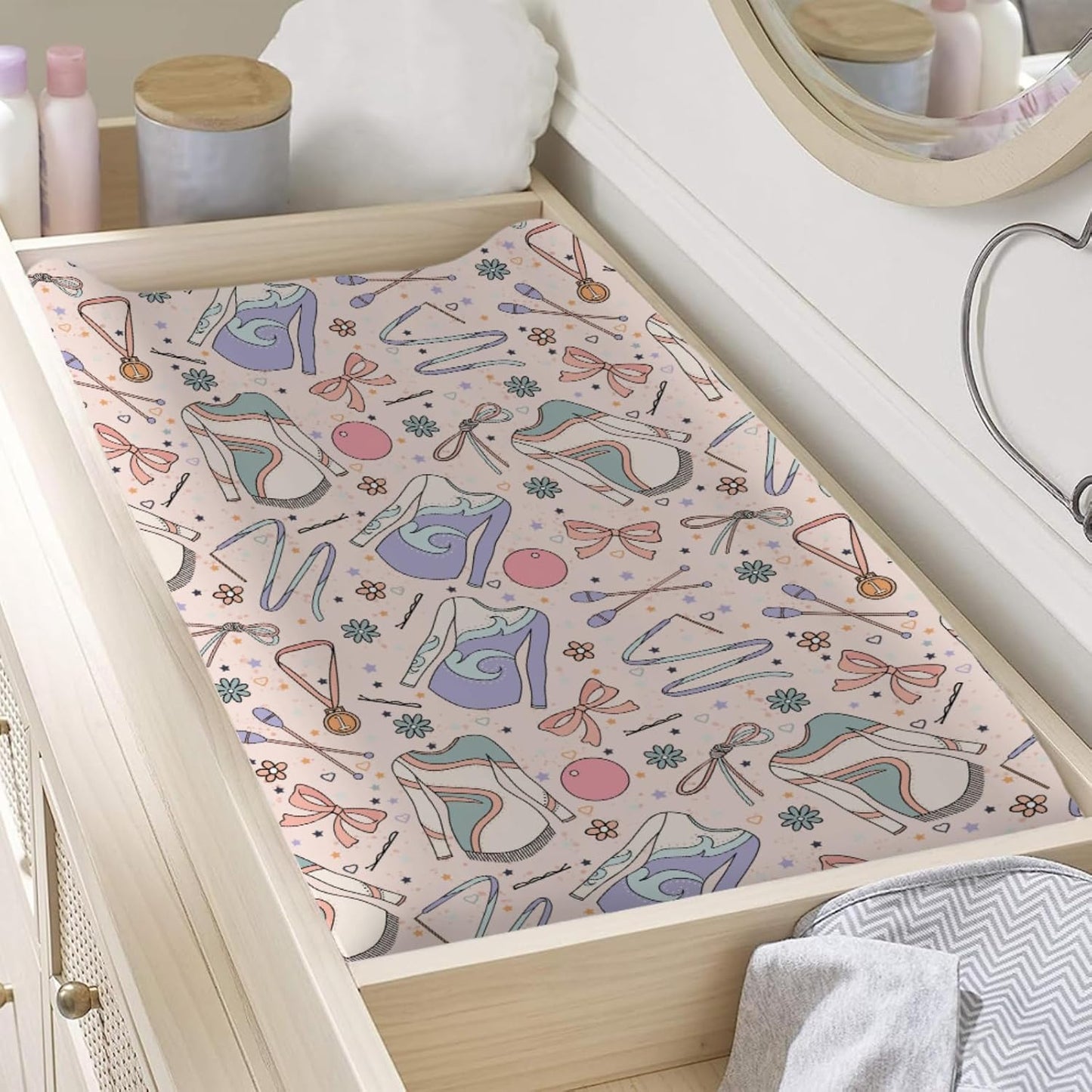 Cute Girl Gymnastics Baby Changing Pad Covers for Girls 32''x16'' Gymnast Ball Ribbon Floral Fitted Diaper Changing Table Sheets Comfort Soft Breathable Baby Change Table Mats Pink