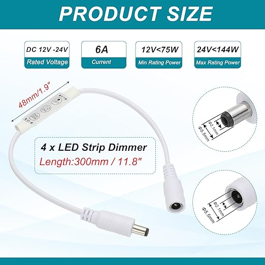 MECCANIXITY LED Strip Dimmer, 12V to 24V 6A Mini Brightness Adjustable Controller Lamp Switch with DC Plugs for Single Color Strips, White Pack of 4