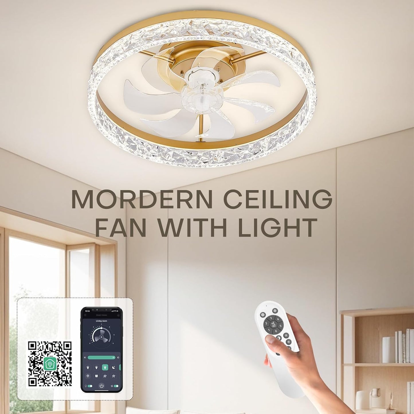 STERREN 19.7'' Crystal Ceiling Fans with Lights and Remote, Modern Low Profile LED Ceiling Fan, Dimmable Flush Mount Fan Light, Gold Fandelier with Color Temperature Change 6 Speeds