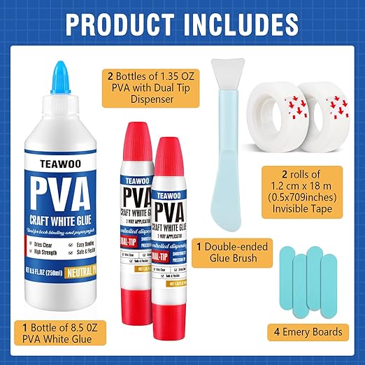 TEAWOO Book Repair Kit, 8.5 Oz + 2×1.35 Oz Acid-Free PVA Adhesive | Binding