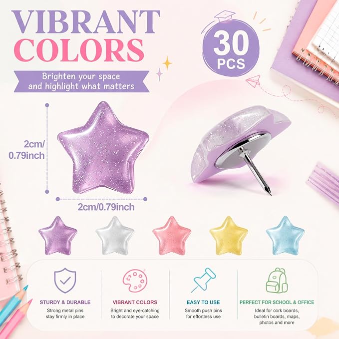 Epakh 30 Pcs Glitter Star Thumb Tacks Decorative Glitter Star Push Pins