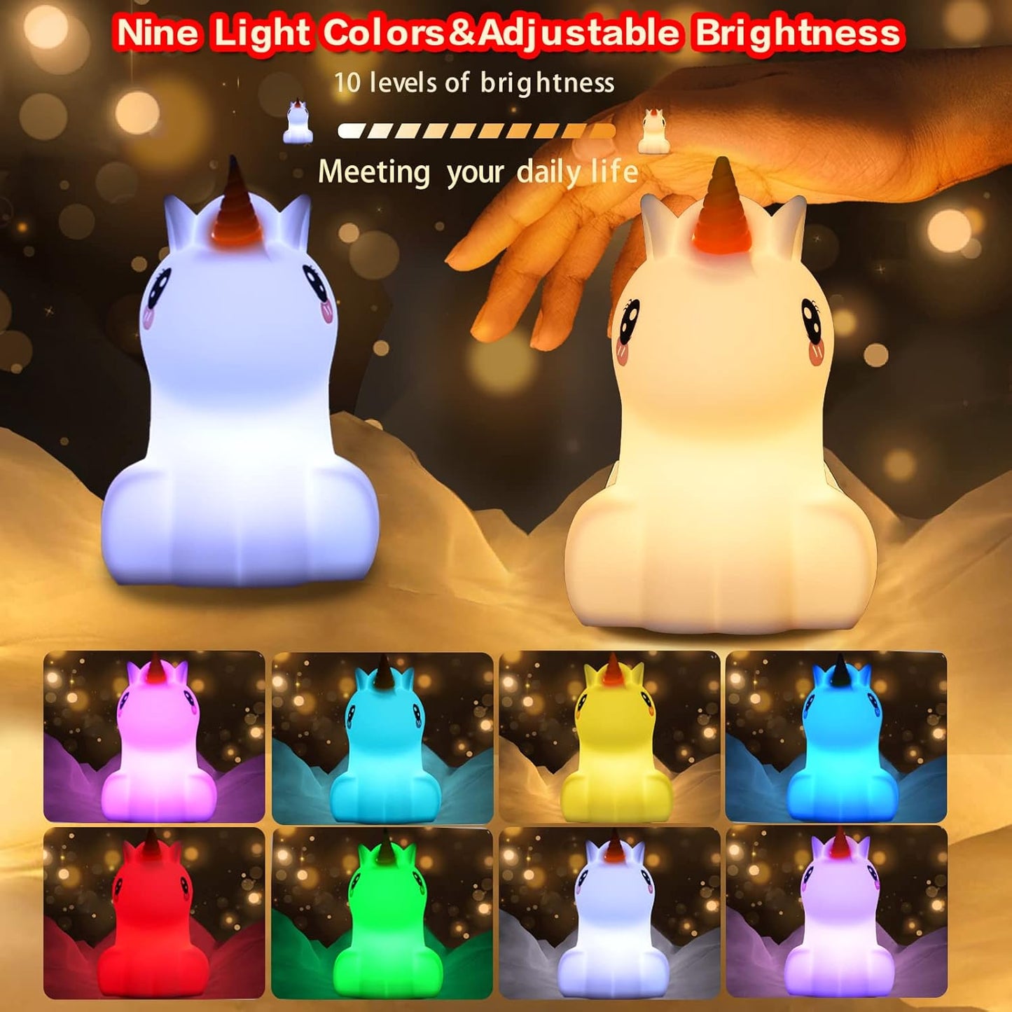 WHA&DARREN Large Unicorn Night Light for Kids,Cute Baby Night Light, Silicone Bedside Lamp,Sleep LED Lights, Eye Caring, Adjustable Brightness & Color, Time Setting, Touch Control & Remote Control