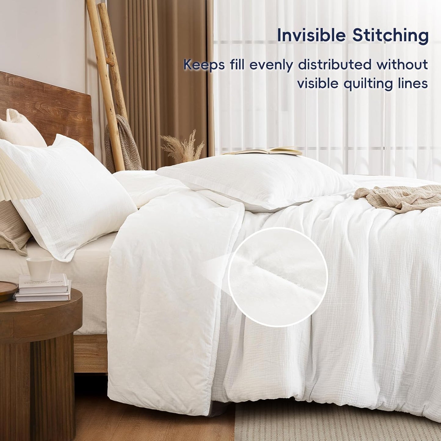PHF Cotton Muslin Comforter Set King Size – Ultra Soft, Breathable & Lightweight Bedding Set for All Seasons, 3 Pieces - 1 Comfy Comforter 104"x90", 2 Pillow Shams 20"x36", White