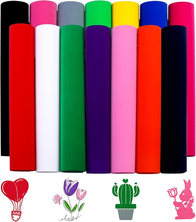 HTVSTD Colorful Flock HTV Heat Transfer Vinyl 14pcs 12×10in | Flocked Iron on