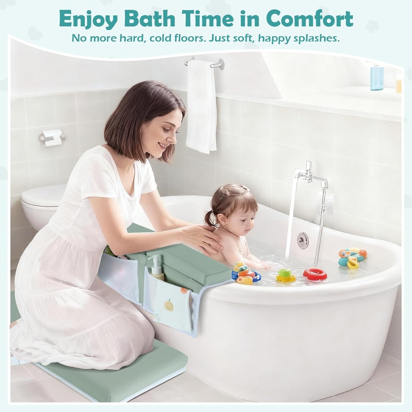 Baby Bath Kneeler and Elbow Rest Pad Set, 1.5 Inch Thick Memory Foam Soft Bath Kneeler with Bath Toys Organizer, Non-Slip, Quick-Dry, Foldable Kneeling Mat, Ideal Gift for Parents