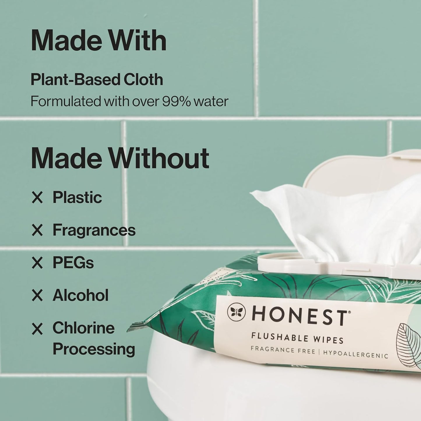 The Honest Company Flushable Wipes for Sensitive Skin, Fragrance-Free Hypoallergenic pH-Balanced Feminine Wipes, 99% Water Safe-to-Flush Wipes, Tropical Leaves, 126 Count