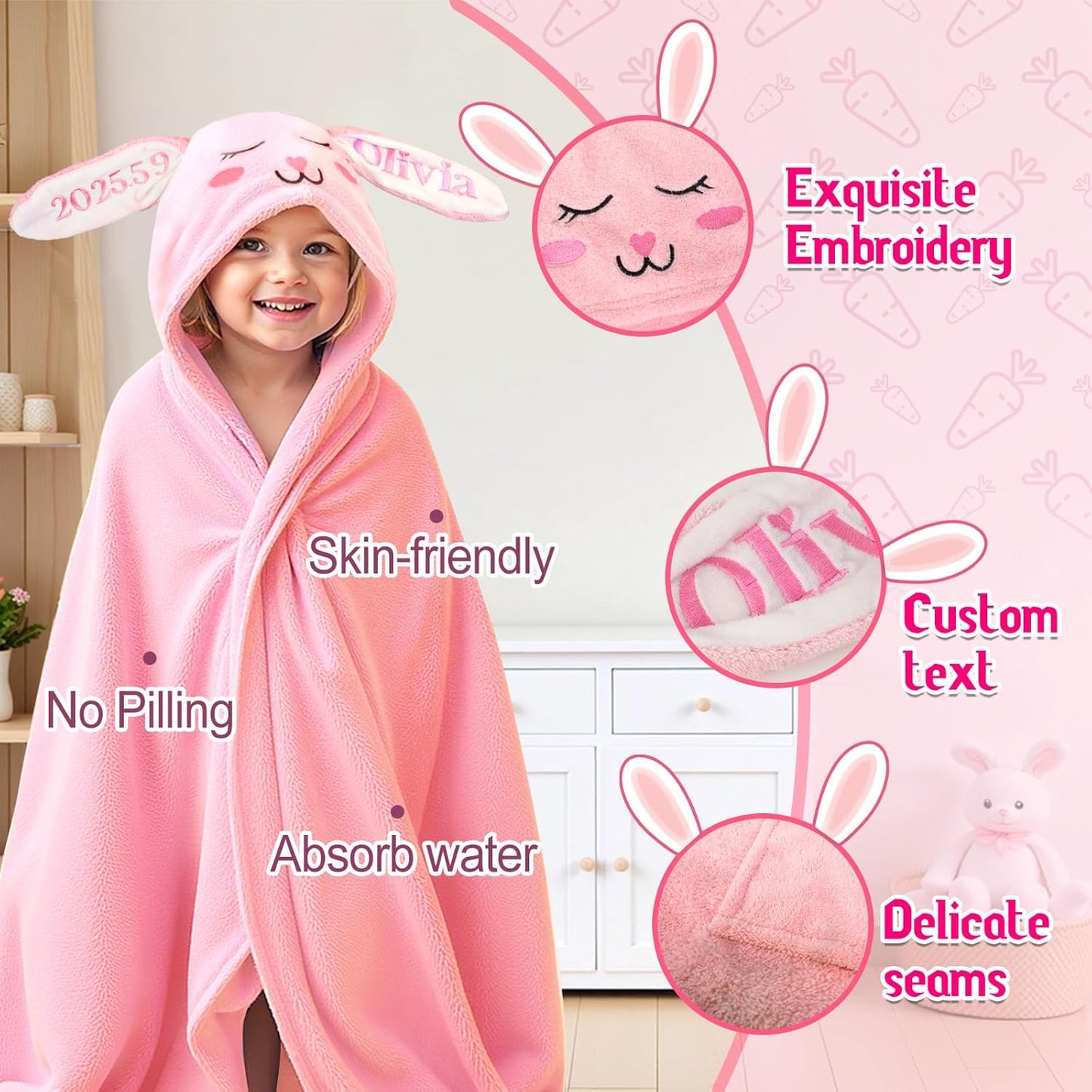 Custom Hooded Baby Towel with Name, Personalized Soft Absorbent Bunny Bath Towel, Shower Towels for Girls Boys, Easter Brithday for Baby, Toddler, Newborn Essential