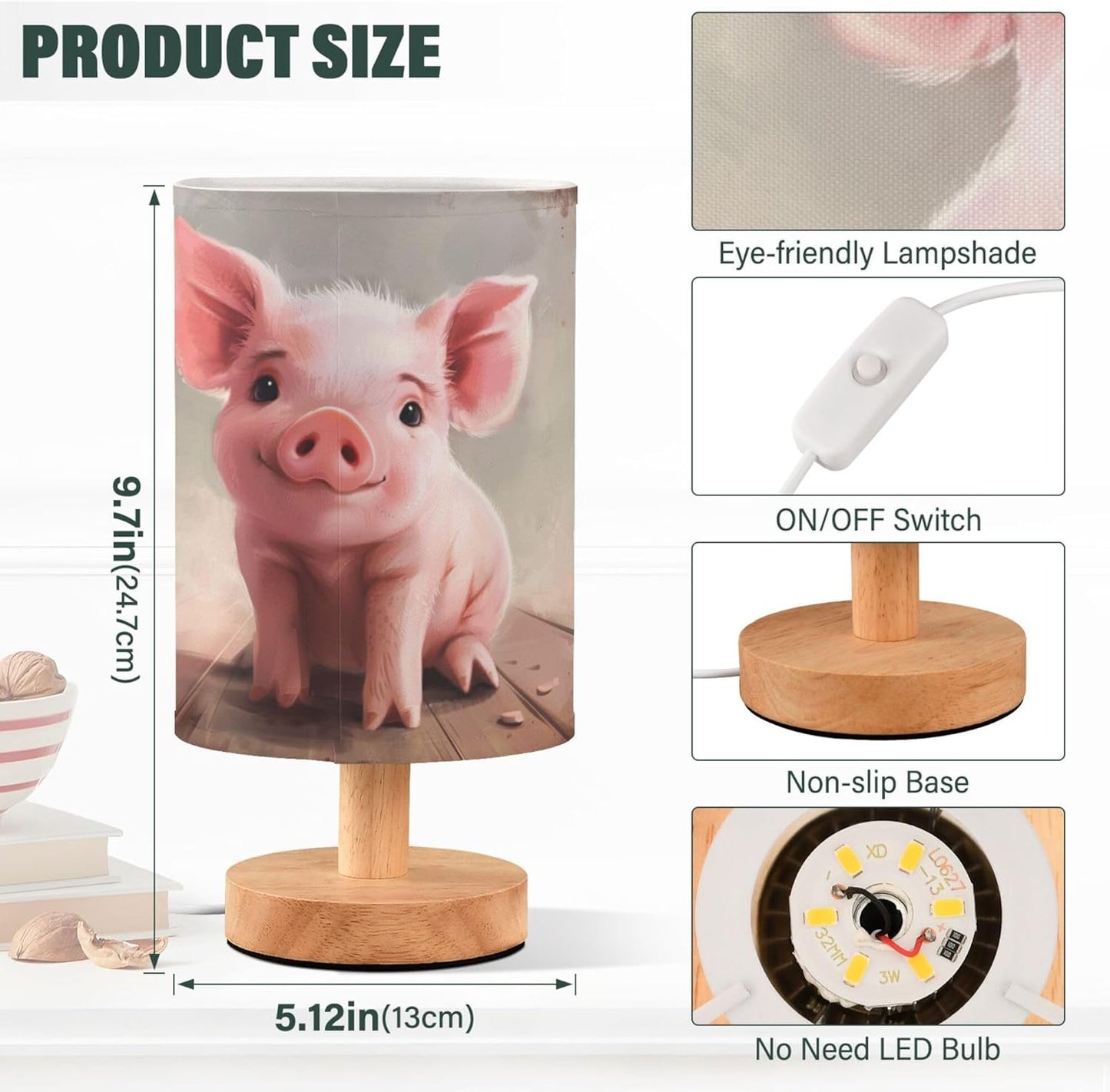 Table Lamp Cute Pink Pig Farm Animal Nightstand Lamp with Wood Base Fabric Lamp Shade Bedside Desk Lamp for Living Room Bedroom Kids Room Office
