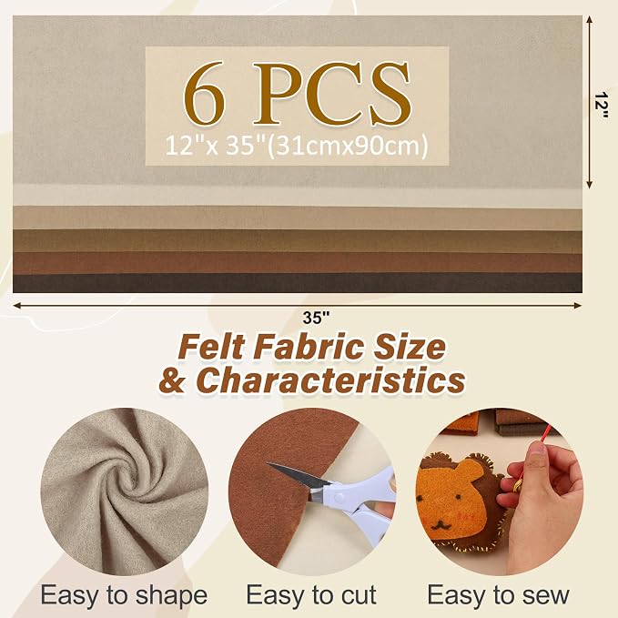 XSEINO 6 Rolls 12"x35" 1.4mm Thick Soft Felt Fabric Sheet 6 Assorted Earth Tone