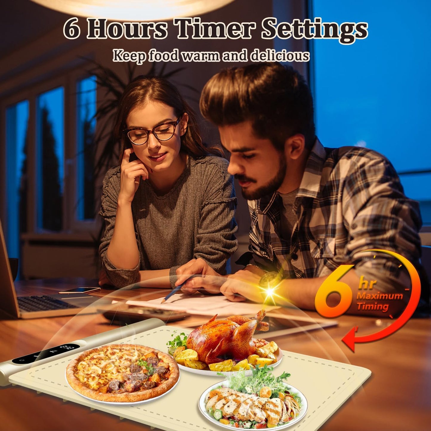 Upgrade Graphene Warming Mat for Food, Electric Warming Tray Rapid Heating with 6 Temps &Timer Settings, Portable Food Warming Mat for Countertop Buffets Party, Beige