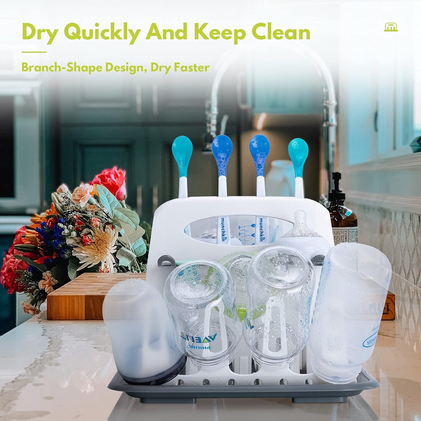 High Capacity Drying Rack with 5pcs Brushes, Deluxe Countertop Drying Rack, Universal Drying Station, Baby Bottle Drying Rack with Bottle Brushes, White