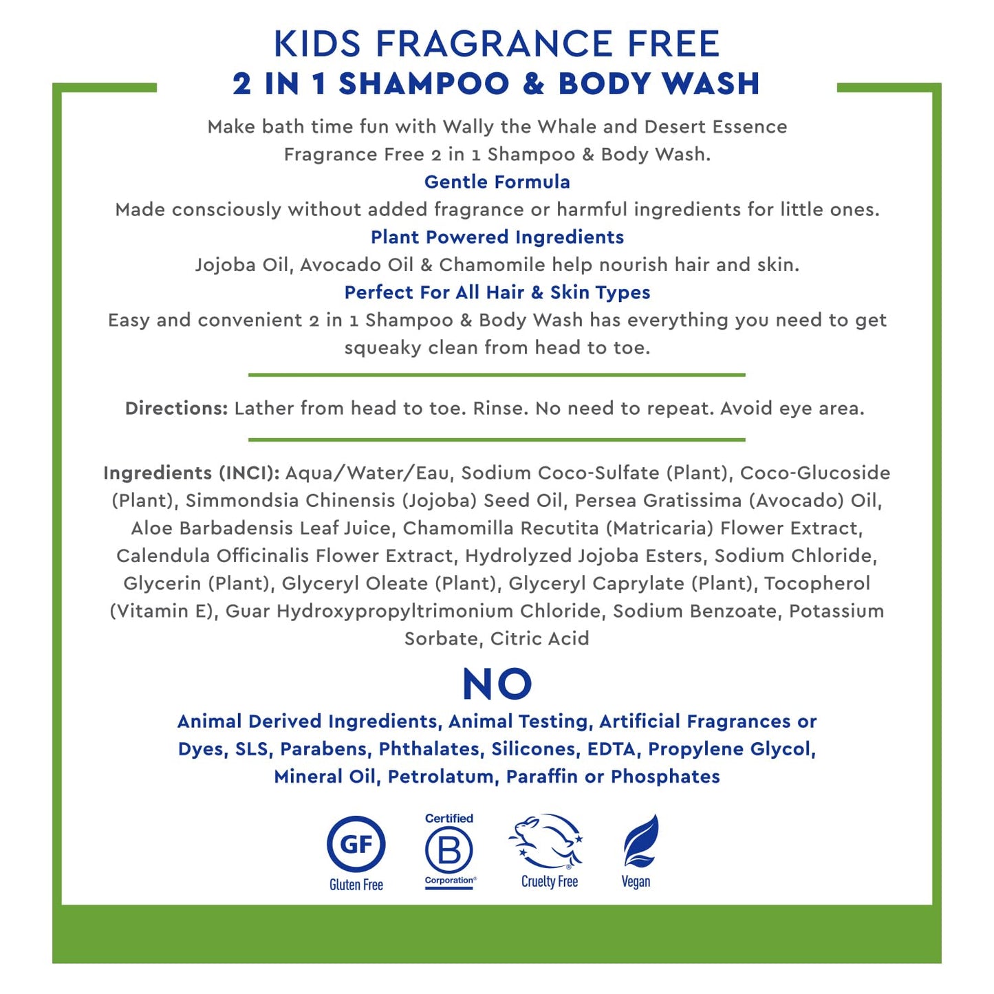 Desert Essence Kids Fragrance Free 2-in-1 Shampoo & Body Wash 12.0 fl oz - Vegan, Gluten-Free. Cruelty-Free - Leaves Hair & Skin Nourished - Gentle Formula