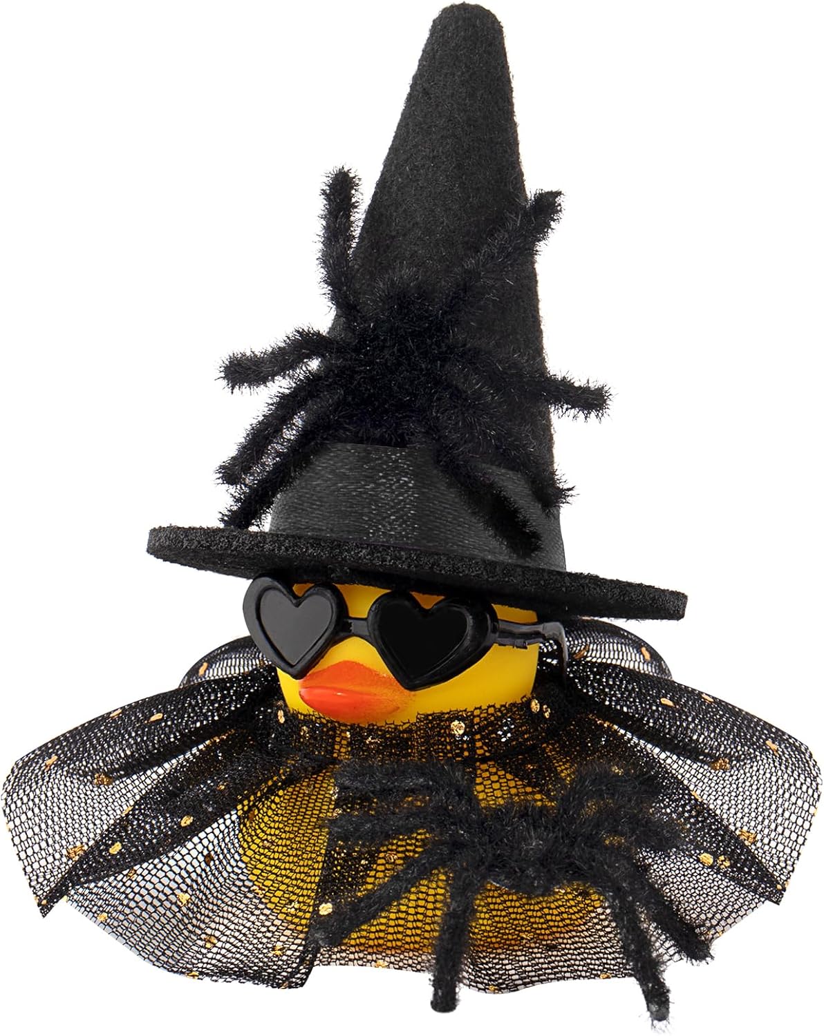 wonuu Car Dashboard Spider Witch Rubber Ducks for Halloween, Decorations Duck for Office Desk Ornament Accessories with Hat Glasses Skirt, for Halloween Party Gifts (Gold Point Skirt Black)