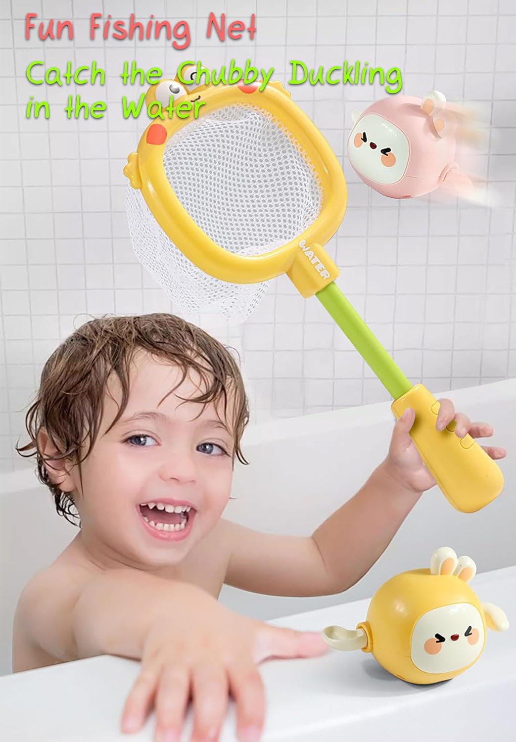 Adorable Frog Fishing Net Toy with 1 Wind-up Duck, 1 Windup Rabbit, Shark Storage Box for Kids Bath Time Fun, Perfect for Babies and Toddlers (Yellow)