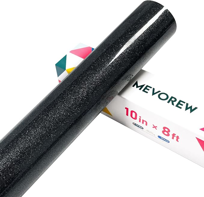 Black Glitter HTV Heat Transfer Vinyl, Glitter Iron on Vinyl Roll 10" x 8ft |