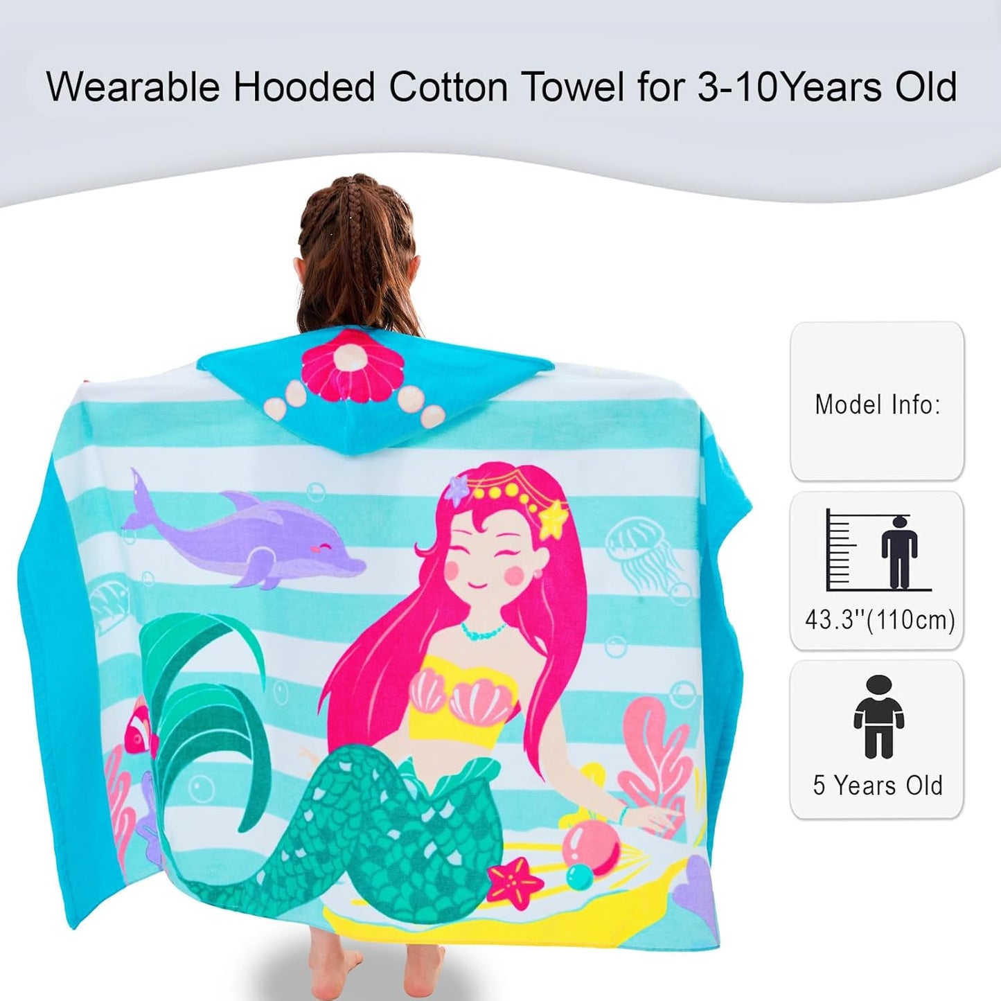 VOOVA & MOVAS Toddler Bath Towels Age 3-10, 30''X50,100% Cotton | Soft | Thick, Hooded Towel for Kids Girls, Perfect for Beach, Pool, Bath,Swim, Stripe Mermaid