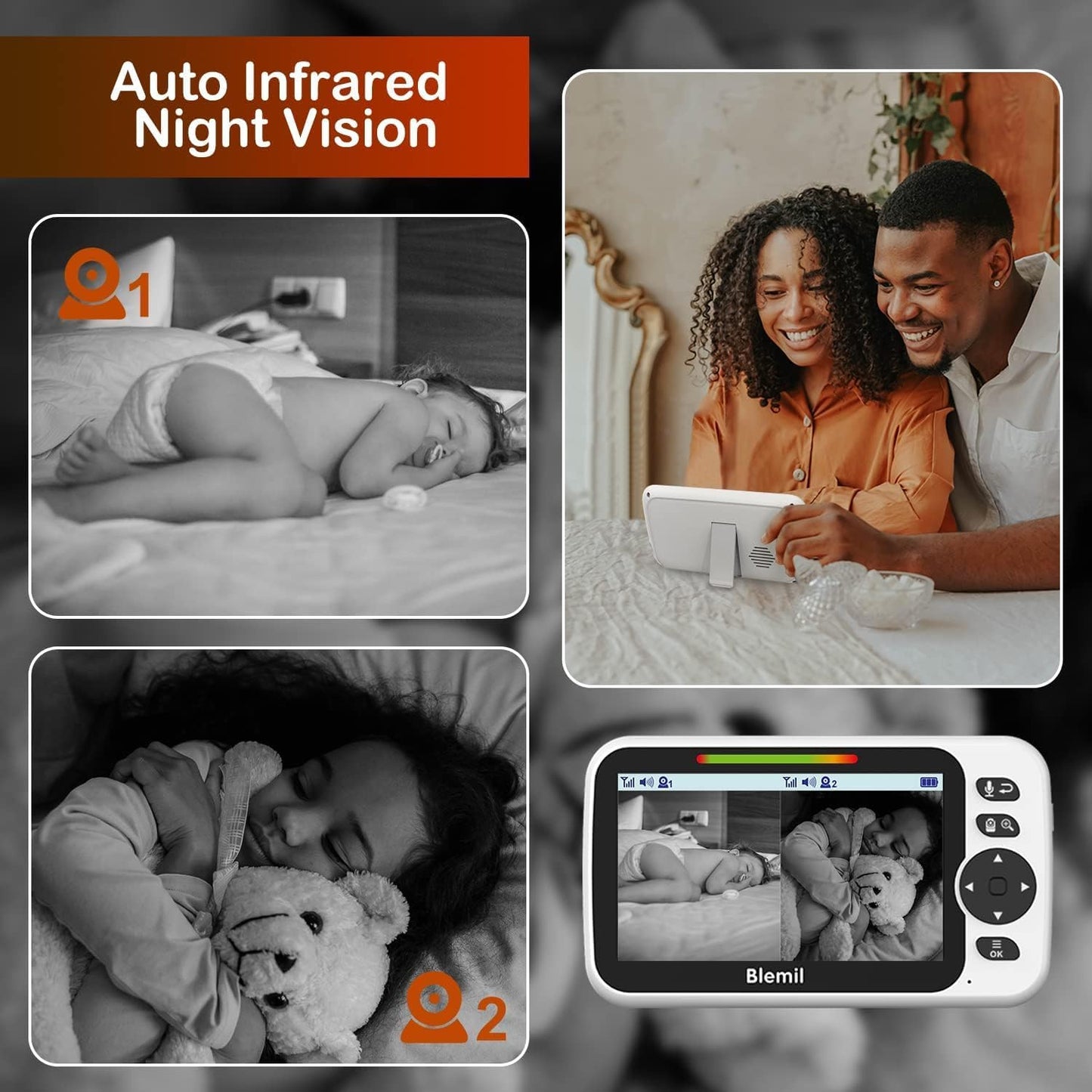 Blemil Upgrade Baby Monitor with 30-Hour Battery, 5" Large Split-Screen Video Baby Monitor with 2 Cameras and Audio, Remote Pan/Tilt/Zoom, Two-Way Talk, Room Temperature, Night Vision, 1000ft Range