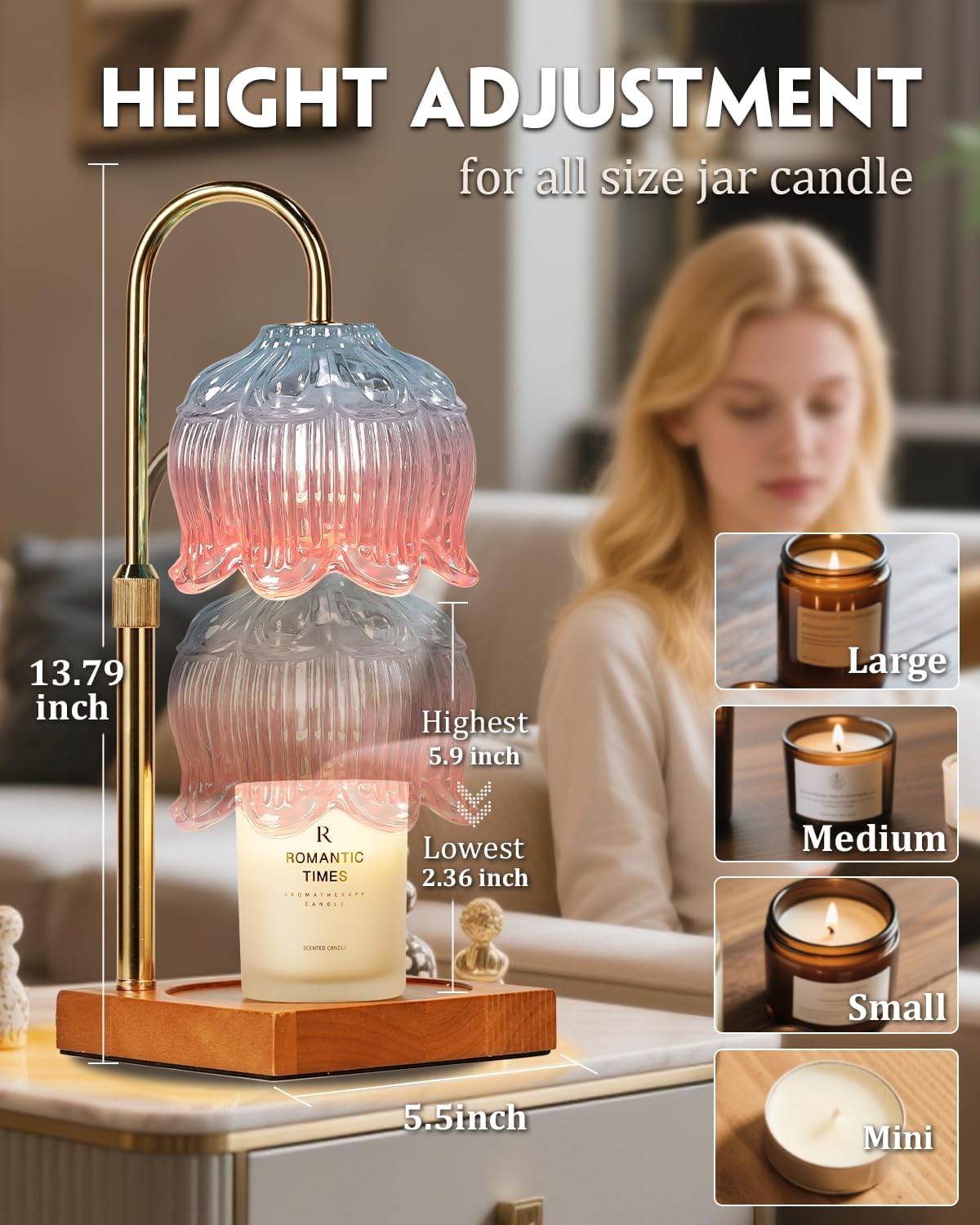 Candle Warmer Lamp with Timer & Dimmer, Candle Lamp Warmer Adjustable Height, Gifts for Women Mom Birthday Christmas, House Warming New Home Bedroom Decor,Lotus Flower Wax Warmer for Jar Candles