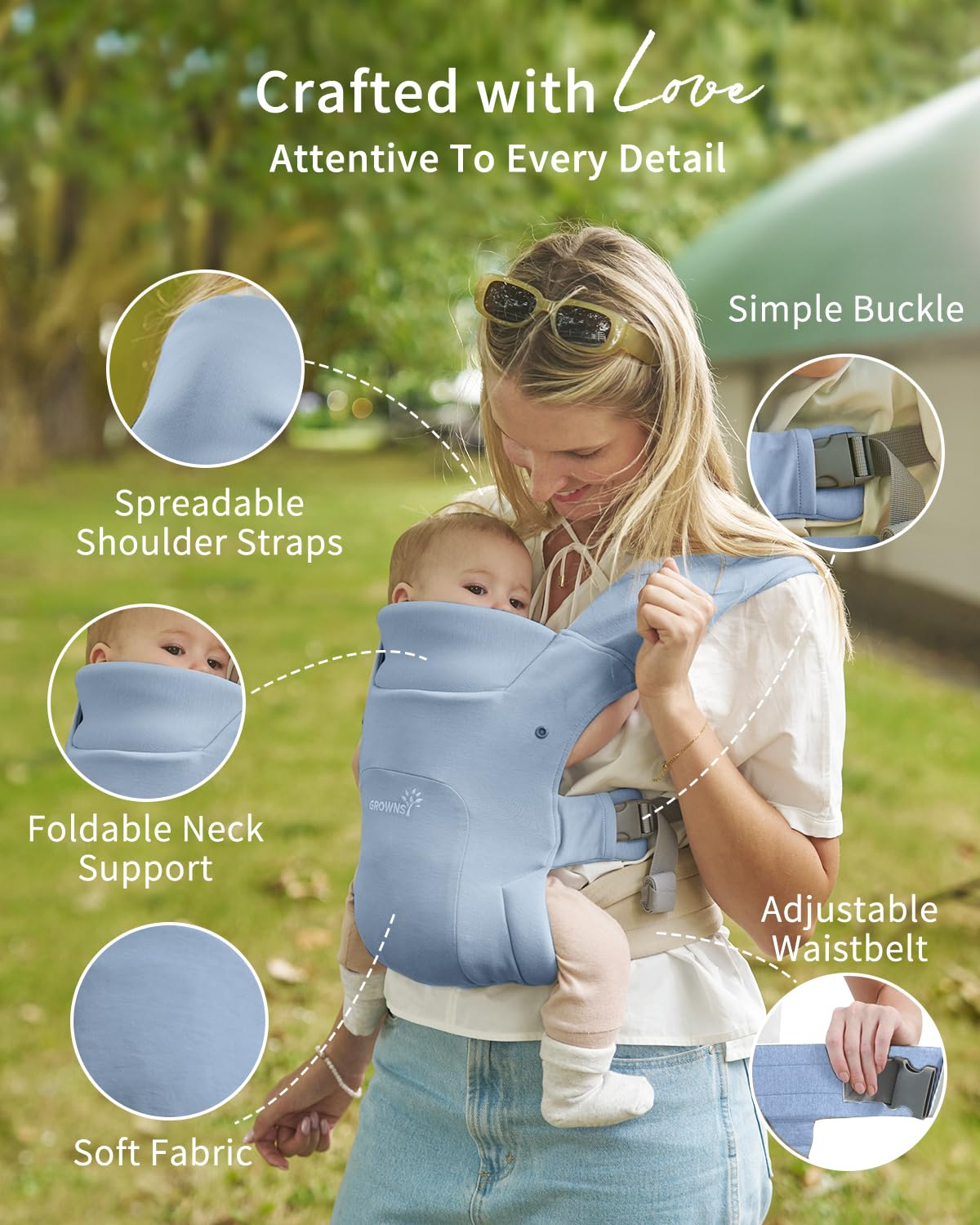 GROWNSY Baby Carrier Newborn to Toddler, Cozy Baby Wraps Carrier, Ergonomic Baby Carrier with Head Support, Oxford Blue