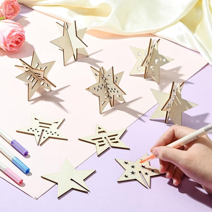 20 pcs 4 Styles Lovely Star Theme Unfinished Wood Cutout Charms 4th of July