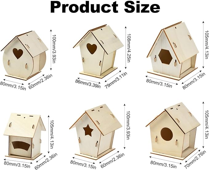 6 Sets 6 Styles Breeding Box Theme Unfinished Wood Bird House Hollow Star