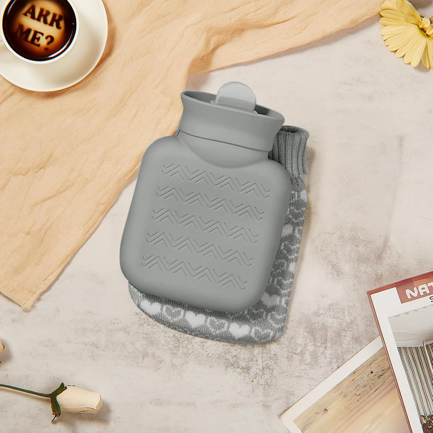 Amylove Mini Hot Water Bottle 320ml for Hot & Cold Compress with Cover Silicone Microwave Heating Small Water Bag for Travel Pain Relief Holiday Gifts (Gray)