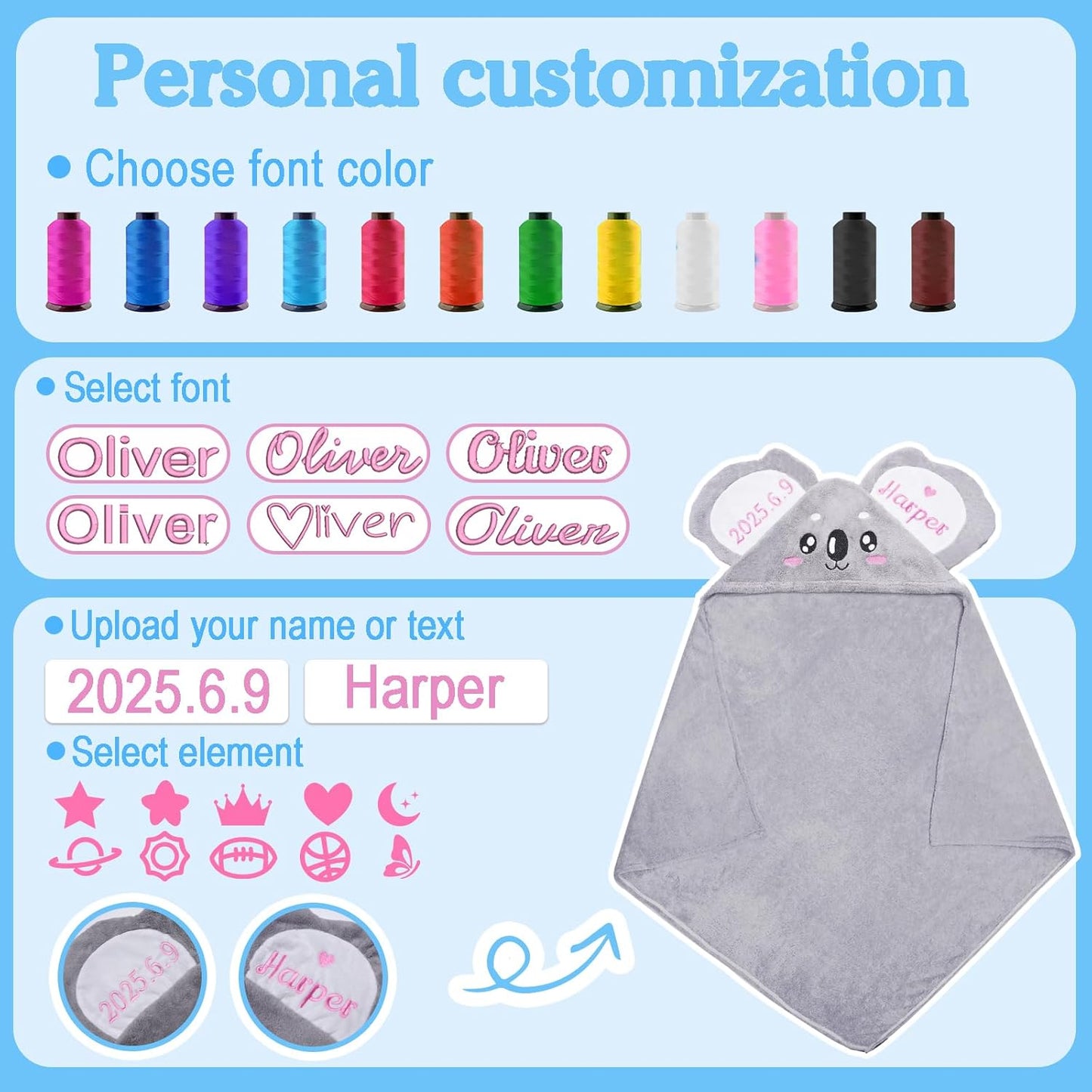 Custom Hooded Baby Towel with Name, Soft and Absorbent Customized Koala Toddler Towels, Baby Bath Towel for Boys and Girls, Easter Birthday Towel for Kids，Babies, Toddlers, Newborns Essential