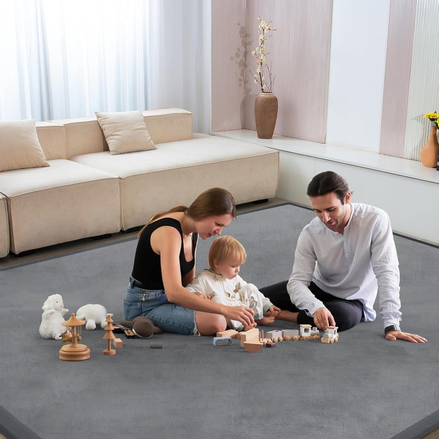 Baby Play Mat for Floor Tummy Time Mat Nursery Muscle Area Rug Playroom Rug Tatami 47"*47" Memory Foam 1.3" Thick Crawling For Babies,Toddlers, Infants, Kids,Floor(Grey)
