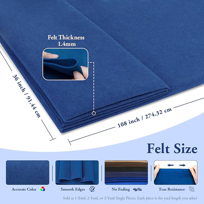 Royal Blue Felt Fabric Sheet 108" X 36", 1.4mm Thick Large Soft Durable