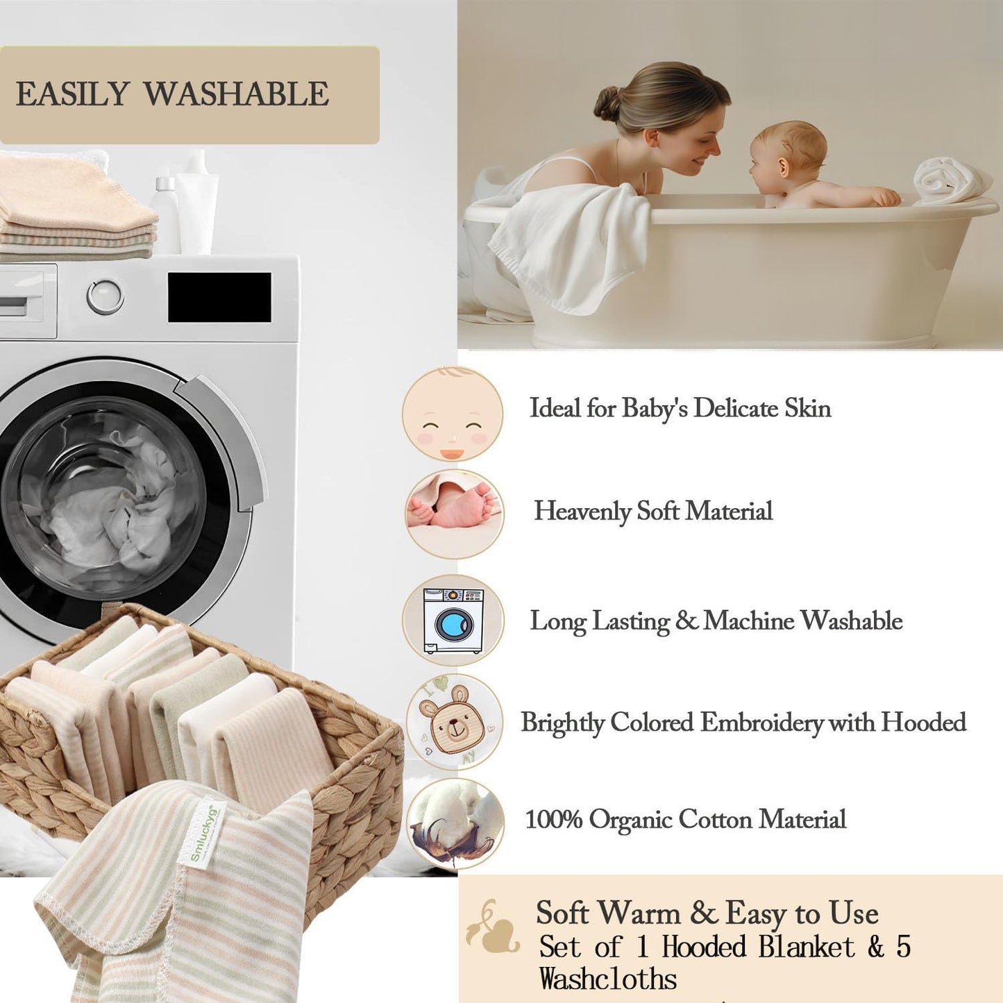 6-Pack Baby Hooded Towel and 5 Washcloths Set, Premium Ultra Soft Reusable 100% Organic Cotton Baby BathTowel, Baby Blanket for Newborns, Infants, Toddlers, Stripes, 30 x 30 Inch