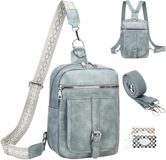 Sling Bag Crossbody Backpack - 2 in 1 Leather Cross Body Bag Fanny Pack with 2 Removable Straps